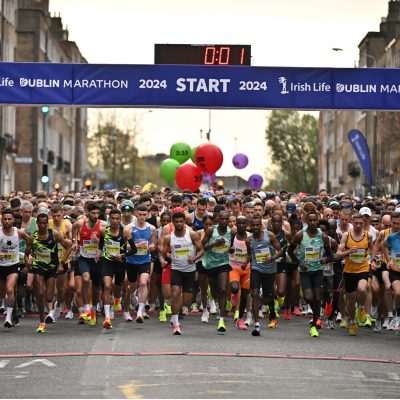 27 October 2024; Elite start of the 2024 Irish Life Dublin Marathon. This marks the 43rd edition of the race with thousands of participants from international athletes, club runners, wheelchair-assisted participants, charity runners, and first-time marathon participants taking on the 26.2-mile challenge. This years race started on Leeson Street and finished at the Pepper Canister Church on Mount Street Upper. Photo by Sam Barnes/Sportsfile