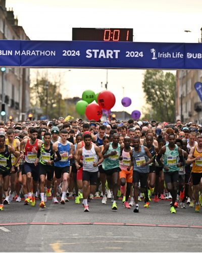 27 October 2024; Elite start of the 2024 Irish Life Dublin Marathon. This marks the 43rd edition of the race with thousands of participants from international athletes, club runners, wheelchair-assisted participants, charity runners, and first-time marathon participants taking on the 26.2-mile challenge. This years race started on Leeson Street and finished at the Pepper Canister Church on Mount Street Upper. Photo by Sam Barnes/Sportsfile
